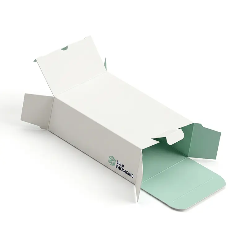 White reverse tuck end lock box with secure closure for cosmetic retail packaging